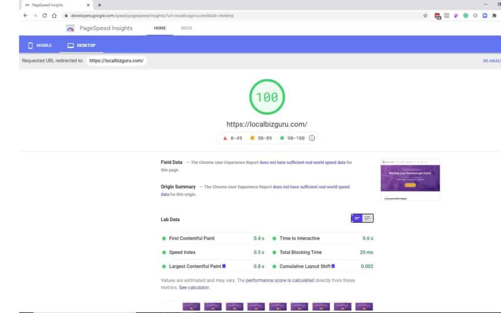 LBG page speed score