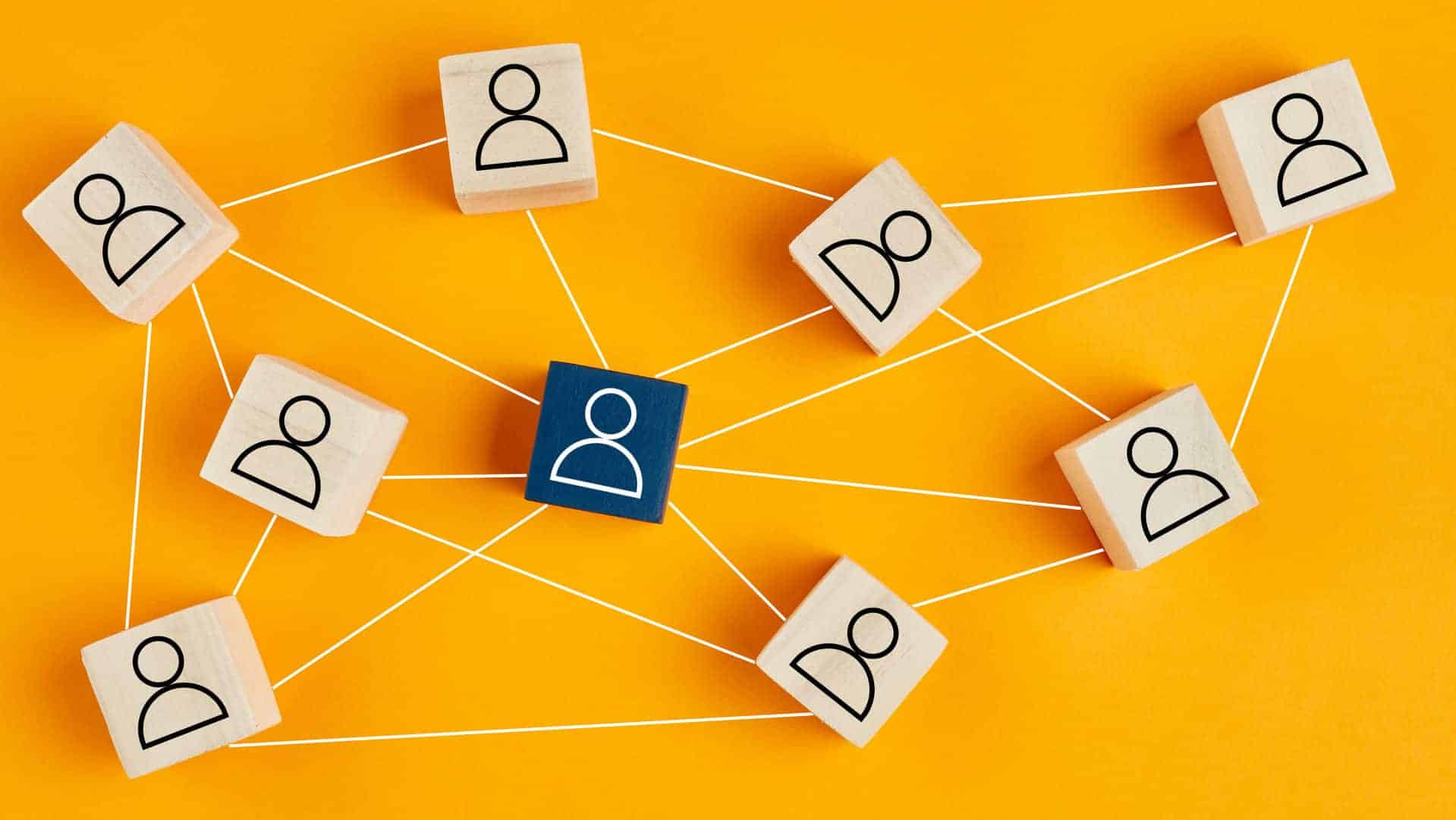 Social media SEO concept; profile picture icons on wooden blocks connected to each other