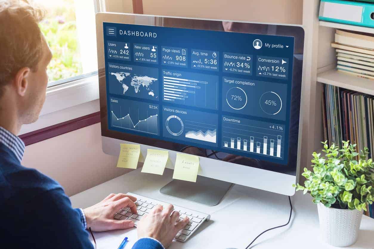 man sitting at desk working on computer with large monitor that is displaying digital marketing analytics